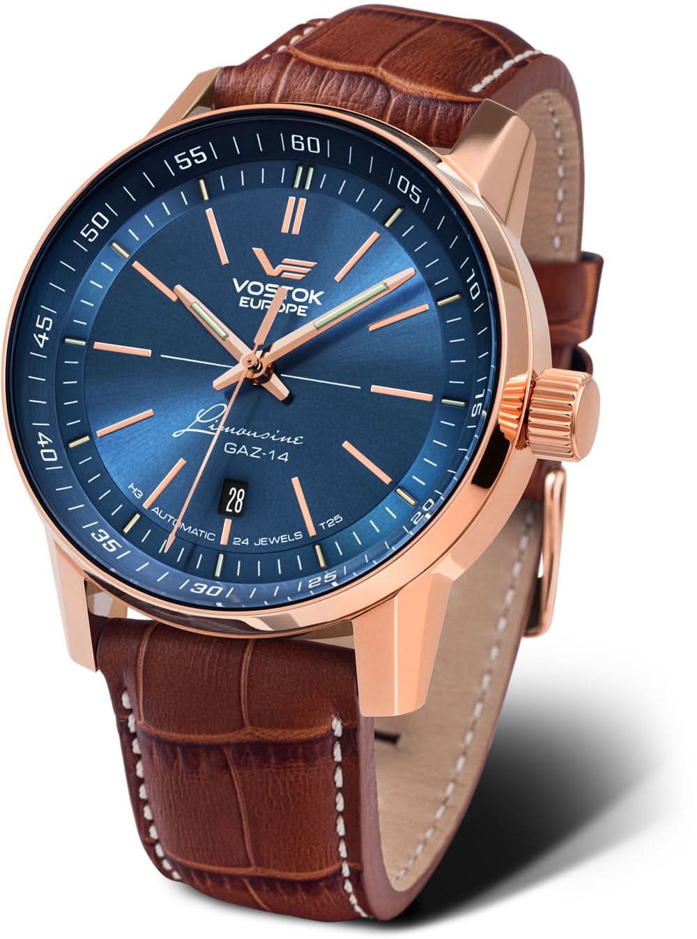 Reloj de hombre: esfera azul, caja de oro rosa, correa de cuero marrón