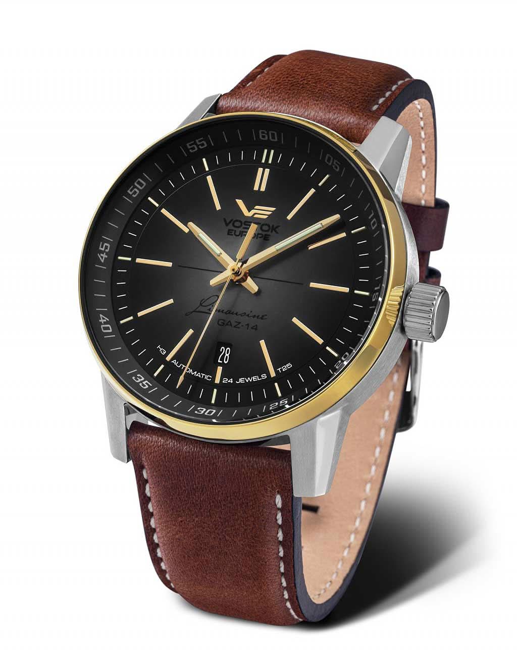 Pulsera de hombre con correa de cuero marrón, esfera negra e indicador de fecha