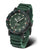 Reloj de hombre con esfera verde, marcadores luminosos amarillos y correa de caucho verde