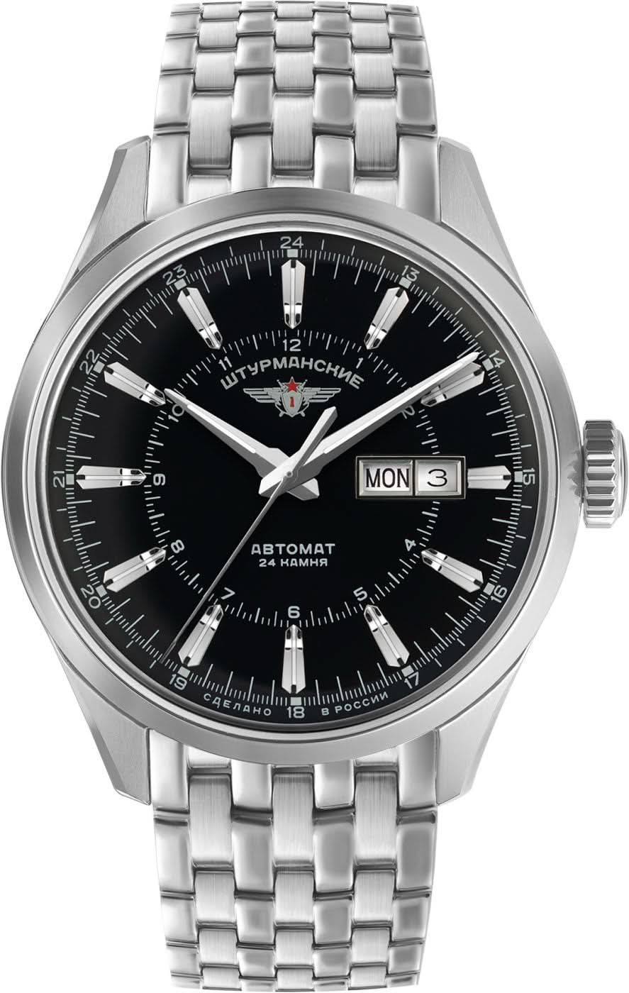 Reloj de hombre con esfera negra, correa de metal y visualización de fecha 'LUN'