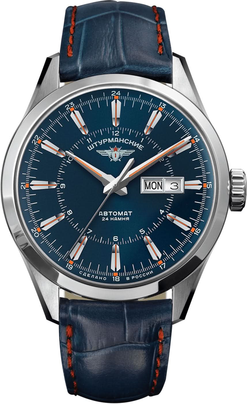 Pulsera para hombre: esfera azul, caja plateada, correa de cuero azul oscuro