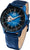 Reloj de hombre con esfera azul, movimiento visible y correa de cuero azul