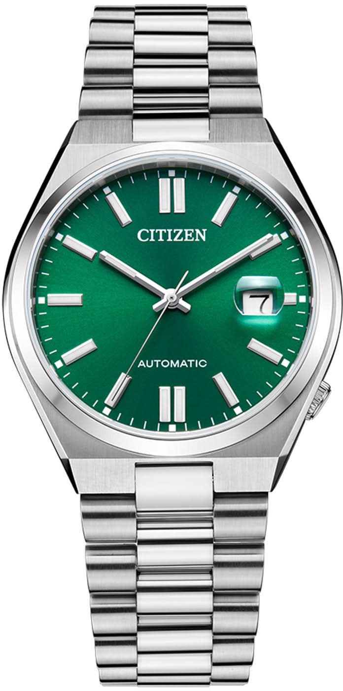 Reloj automático con esfera verde y pulsera de metal plateado