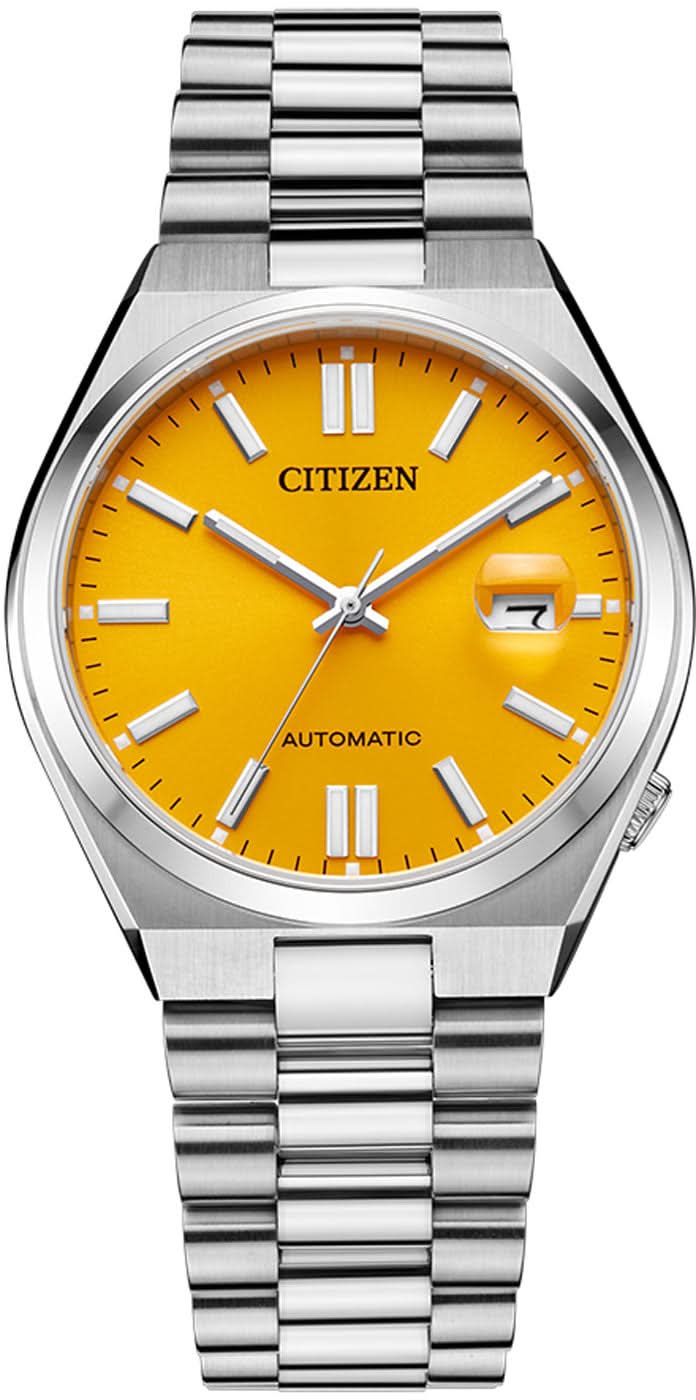 Reloj Citizen Tsuyosa automático, correa de acero inoxidable plateada, esfera amarilla