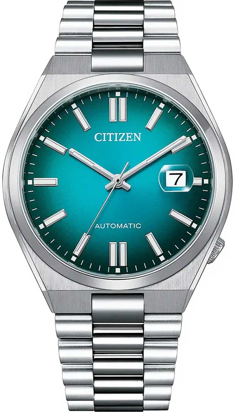 Reloj de hombre con esfera verde, correa de acero plateado y visualización de fecha a las 7