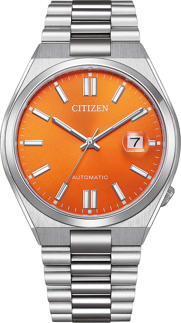 Pulsera para hombre: esfera naranja, ventana de fecha, correa de acero inoxidable