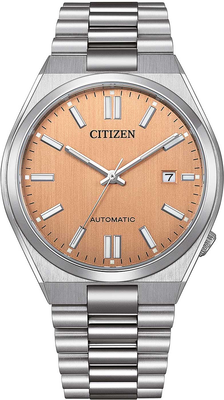 Reloj de hombre con correa de acero inoxidable, esfera naranja, ventana de fecha, manecillas automáticas