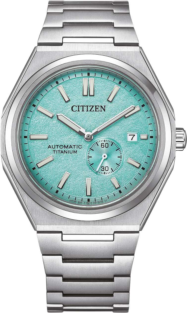 Reloj de hombre con esfera turquesa, indicador de hora automático y correa de titanio