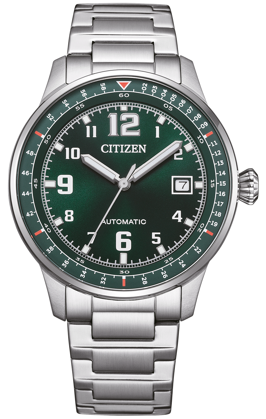 Pulsera de hombre con esfera verde, brazalete de metal plateado y fecha a las 4 en punto