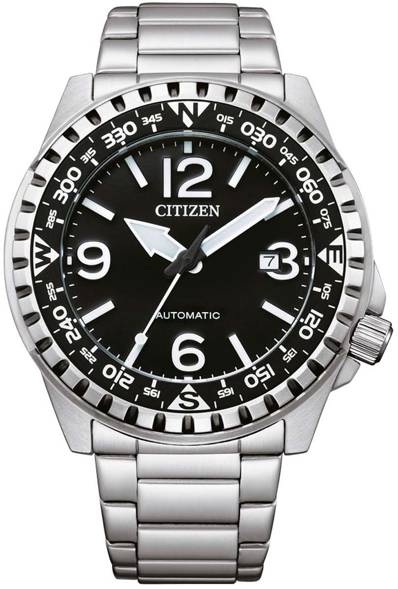 Pulsera de reloj Citizen con esfera negra y brazalete de acero inoxidable plateado