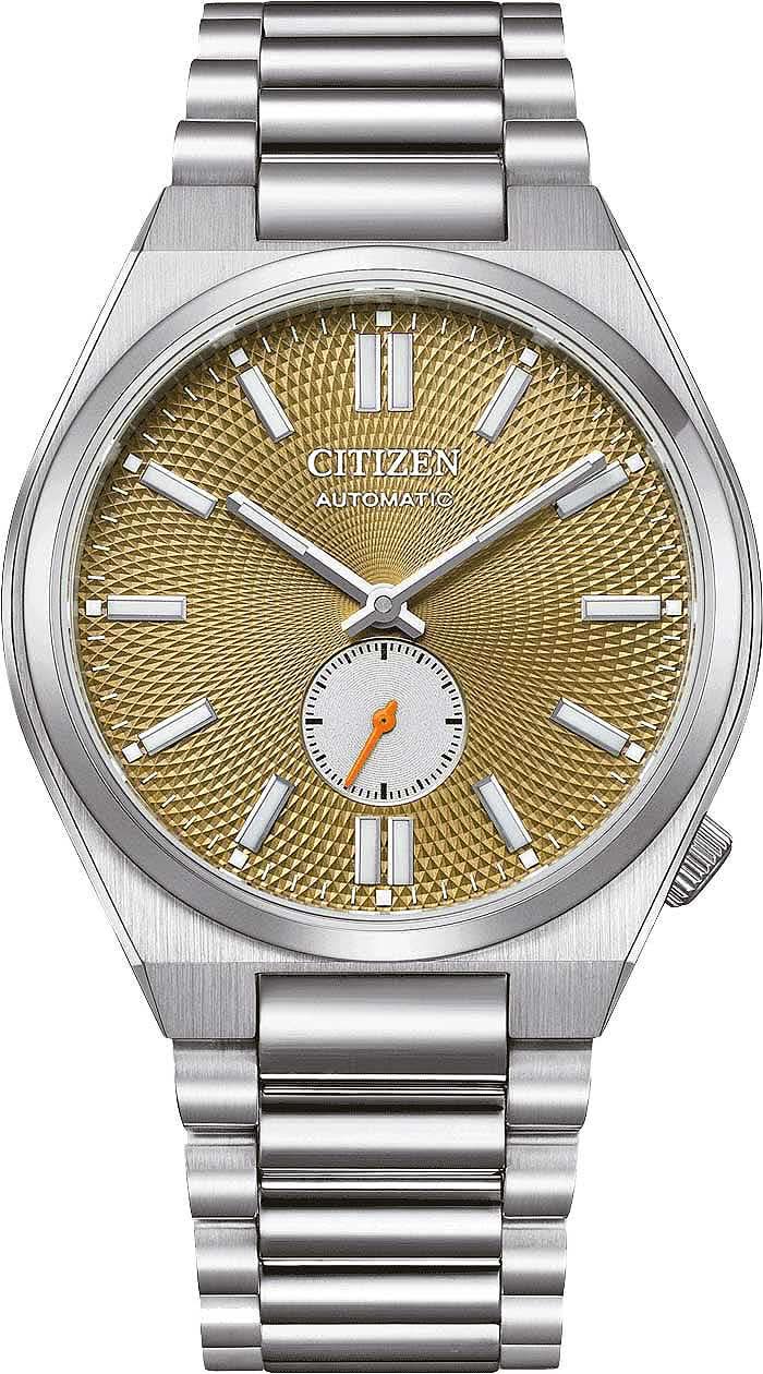Reloj automático para hombre con esfera dorada y correa de acero inoxidable, bisel pulido