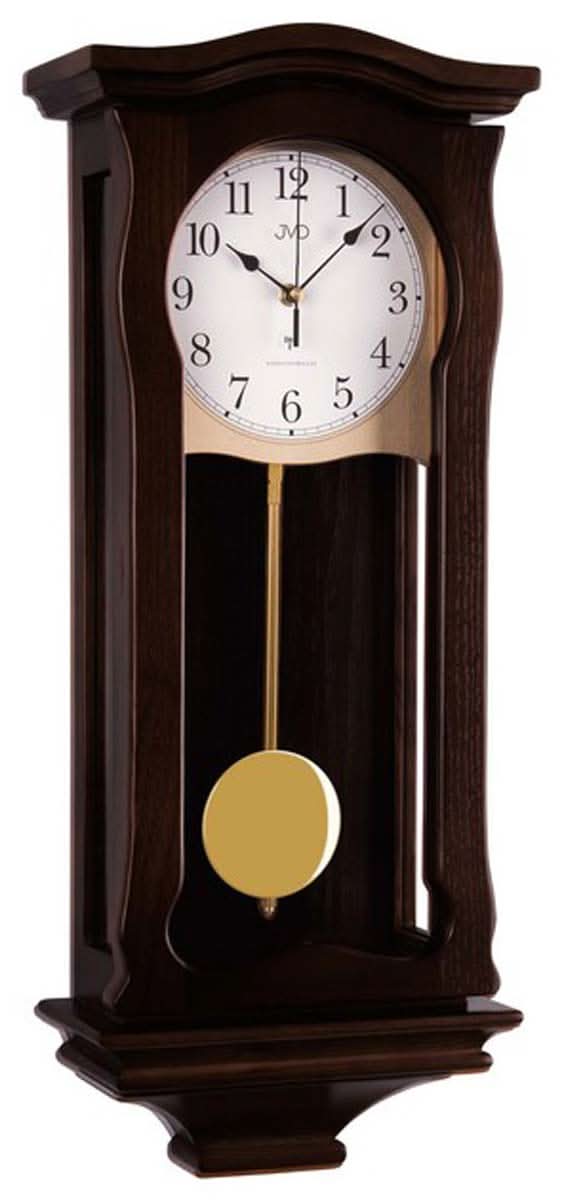 Reloj de pared de madera con mecanismo de péndulo, frontal marrón oscuro, esfera redonda con manecillas.
