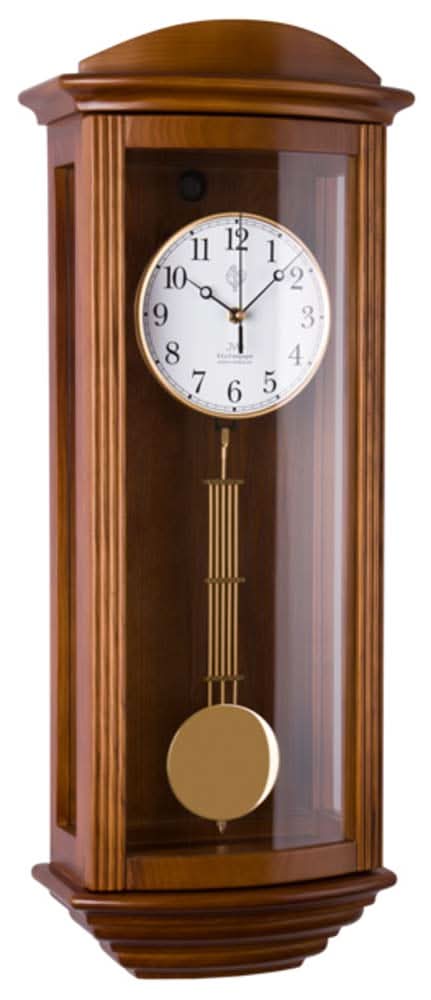 Reloj de pared de madera con inserción de cristal, esfera redonda y péndulo con contrapeso redondo