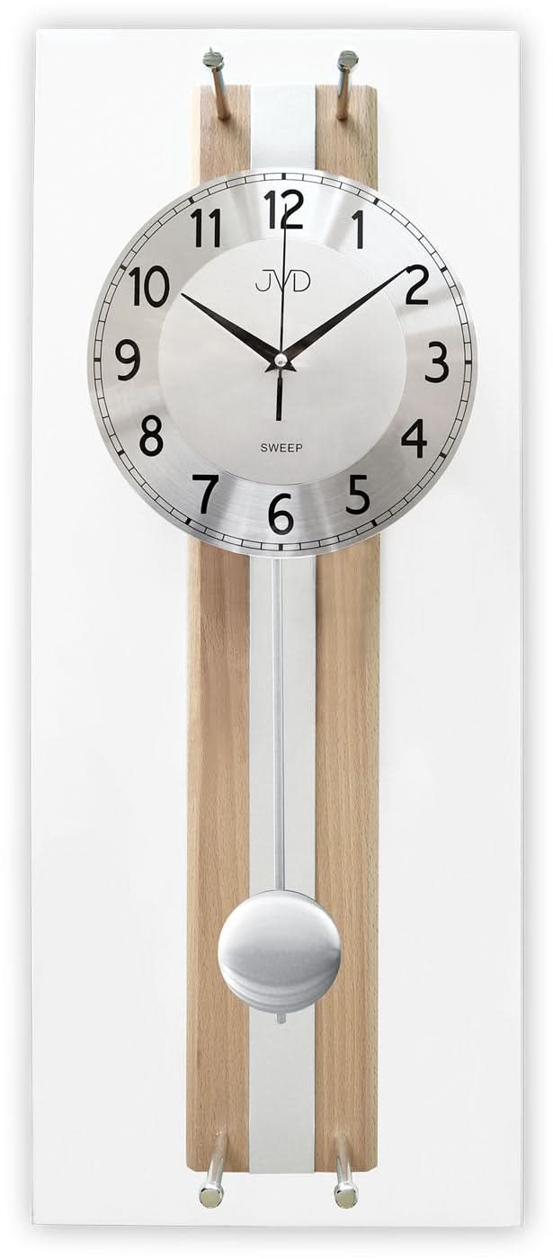 "Reloj de pared JVD con esfera redonda, péndulo de madera y marco rectangular"