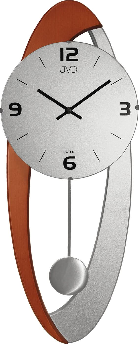 Reloj de pared con esfera redonda plateada, marco marrón y péndulo, JVD