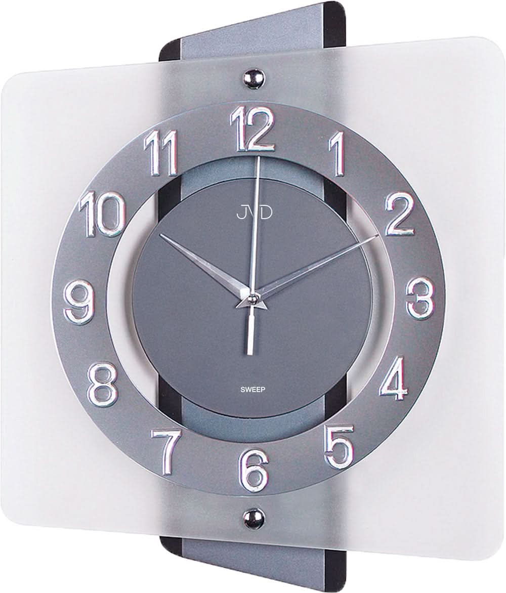 Reloj de pared con marco de madera clara, cristal y esfera redonda gris con manecillas