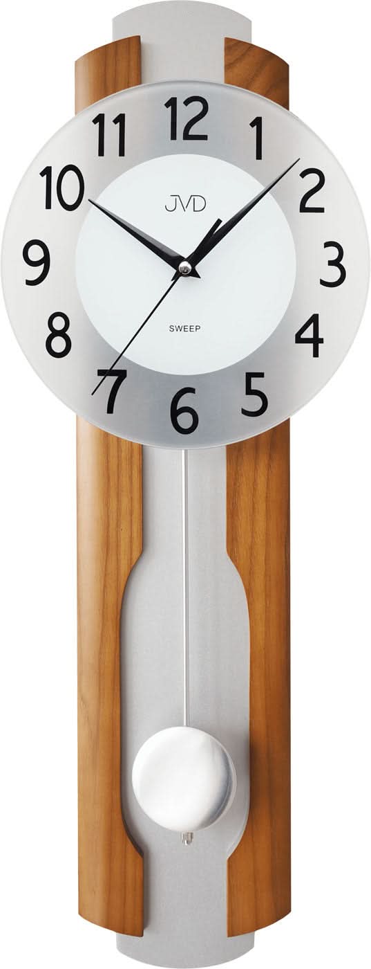Reloj de pared de madera con esfera redonda y juego de manecillas negras, péndulo abajo