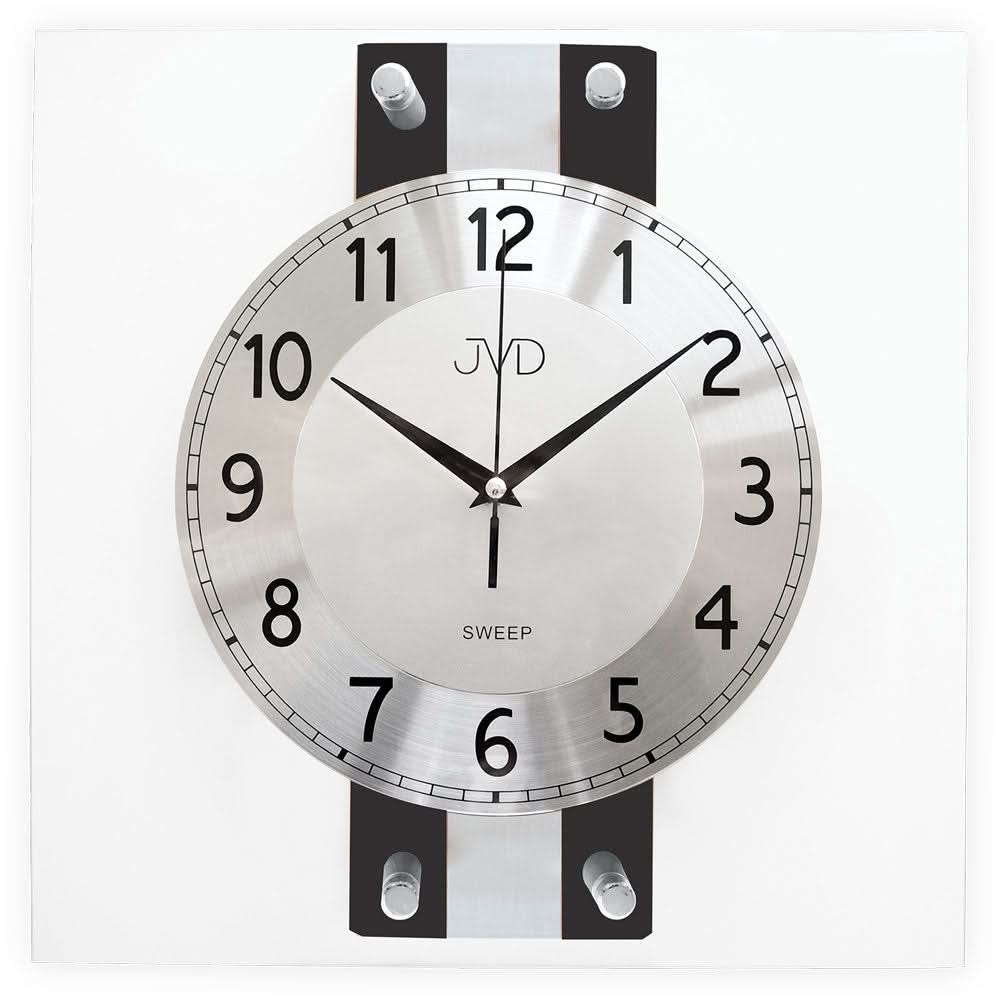 Reloj de pared redondo JVD con esfera blanca, manecillas negras y placas de montaje negras