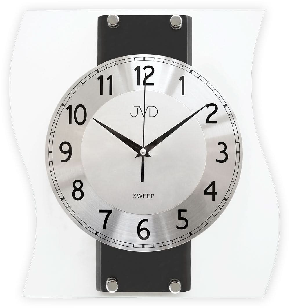 "Reloj de pared con esfera redonda, marco negro y manecillas negras, logo JVD"
