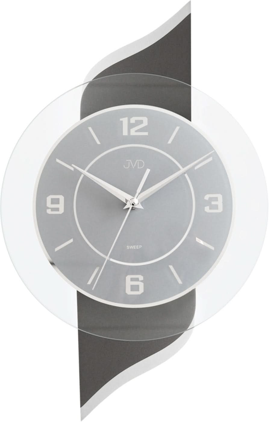 Reloj de pared JVD con esfera redonda gris, números y manecillas blancos
