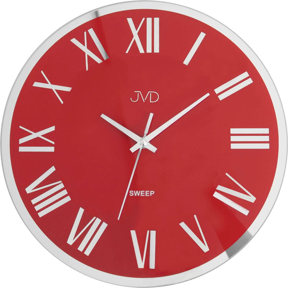 Reloj de pared redondo con esfera roja, números romanos y borde de metal plateado, JVD
