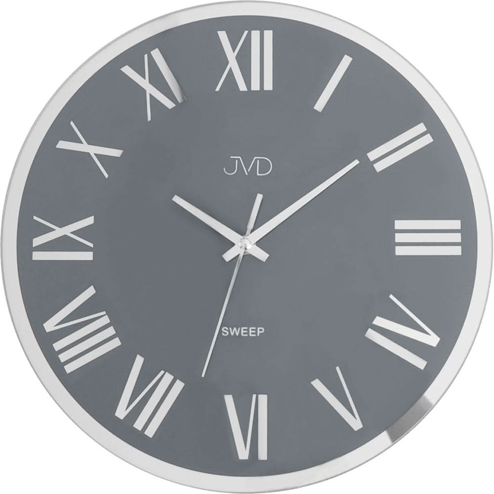 "Reloj de pared metálico con esfera gris, números romanos y marco plateado"