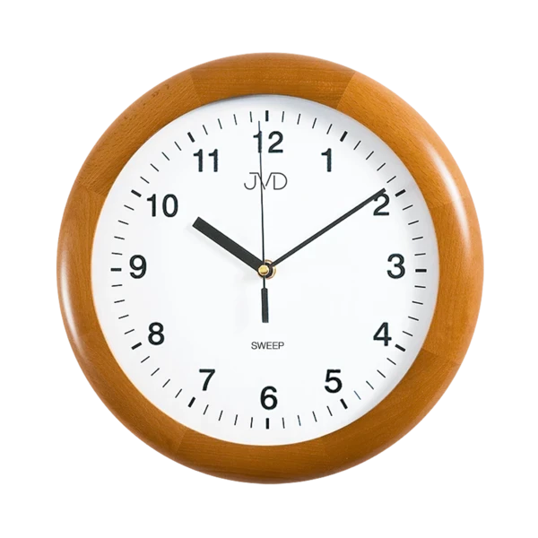 Reloj de pared redondo de madera con esfera blanca, manecillas negras y números arábigos