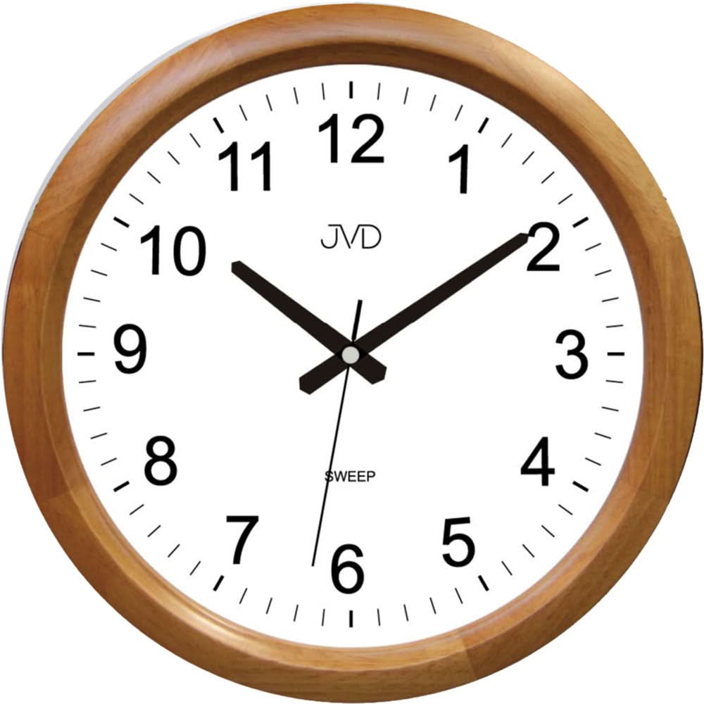 Reloj de pared redondo de madera con esfera blanca, manecillas negras y logo de JVD.