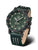Reloj de hombre con esfera verde, bisel negro y correa de cuero verde con costuras decorativas