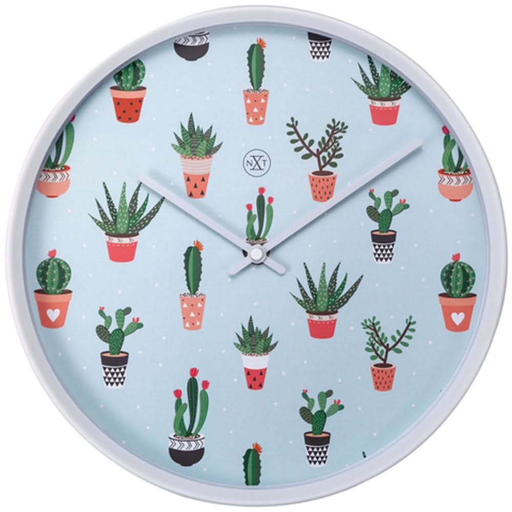 Reloj de pared (Ø30 cm) de plástico, esfera azul claro con estampado de cactus