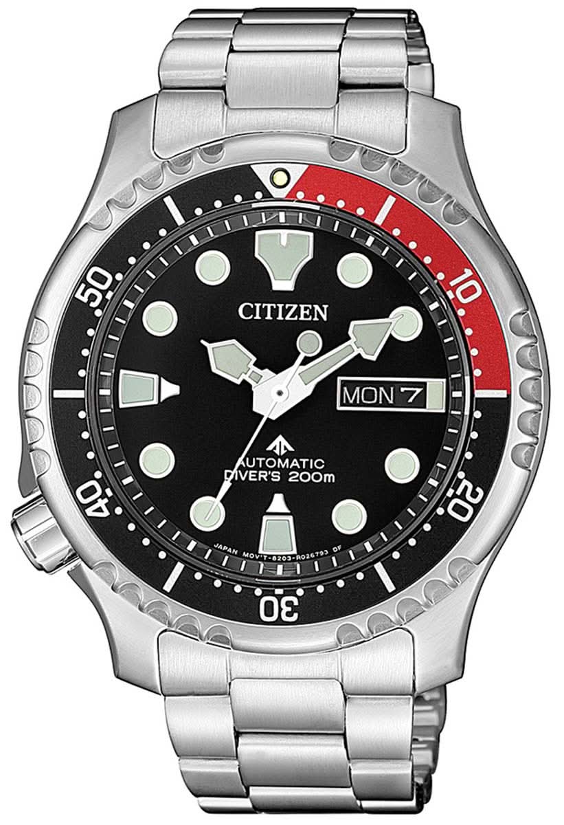 Reloj de buceo para hombre con correa de acero inoxidable, esfera negra y bisel rojo, indicador de fecha