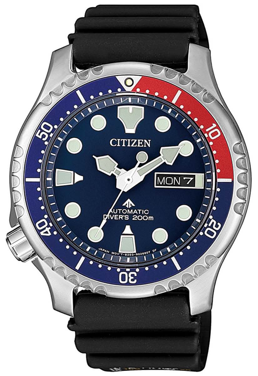 Reloj de hombre con correa de cuero negra y esfera azul, indicador de fecha "LUN 7"
