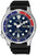 Reloj de hombre con correa de cuero negra y esfera azul, indicador de fecha "LUN 7"