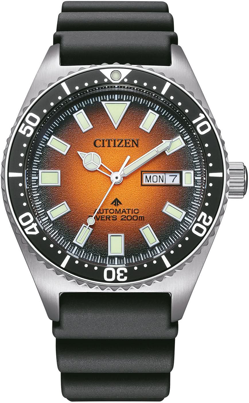 Reloj de hombre con correa negra, caja plateada y esfera naranja