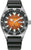 Reloj de hombre con correa negra, caja plateada y esfera naranja