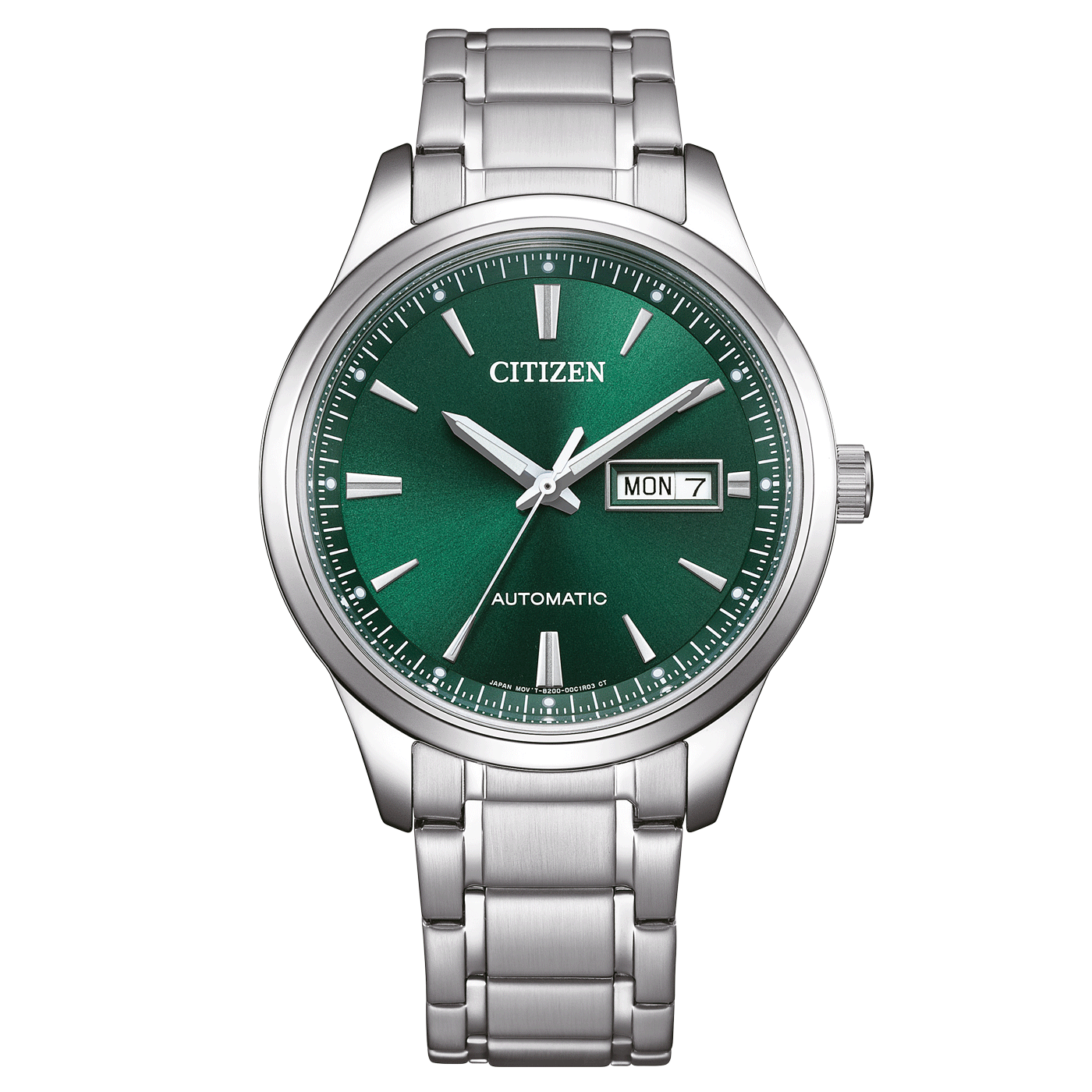 Reloj automático para hombre con esfera verde, indicador de fecha y pulsera de metal plateado