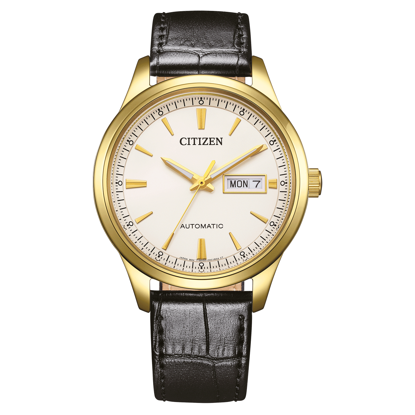 Reloj Citizen para hombre con bisel dorado, esfera blanca y correa de cuero negra