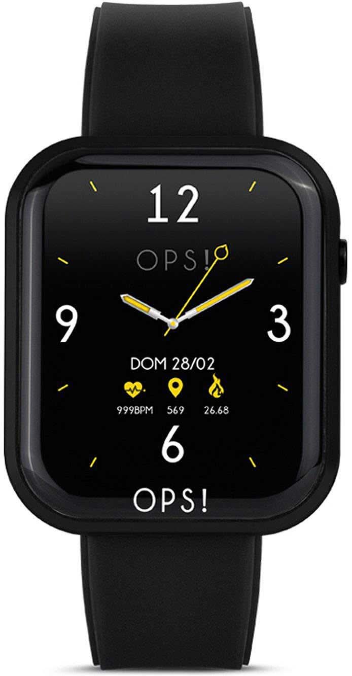 Smartwatch con caja negra y correa de silicona negra, esfera acentuada en verde