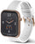 Smartwatch con pantalla negra, caja de oro rosa y correa de silicona blanca (vista lateral)