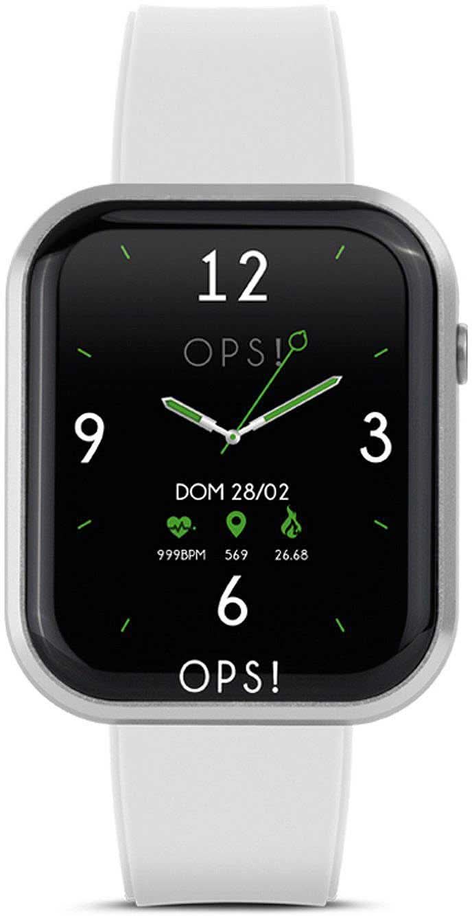 Smartwatch con pantalla negra y correa de silicona blanca, caja rectangular