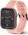 Smartwatch con correa rosa, botón lateral y esfera negra