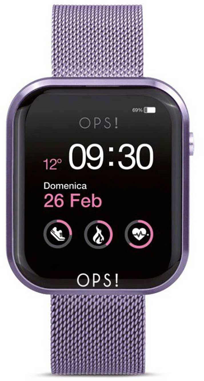Smartwatch con pantalla negra y correa metálica violeta, hora 09:30