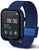 Reloj inteligente unisex con correa textil azul, vista lateral y trabilla