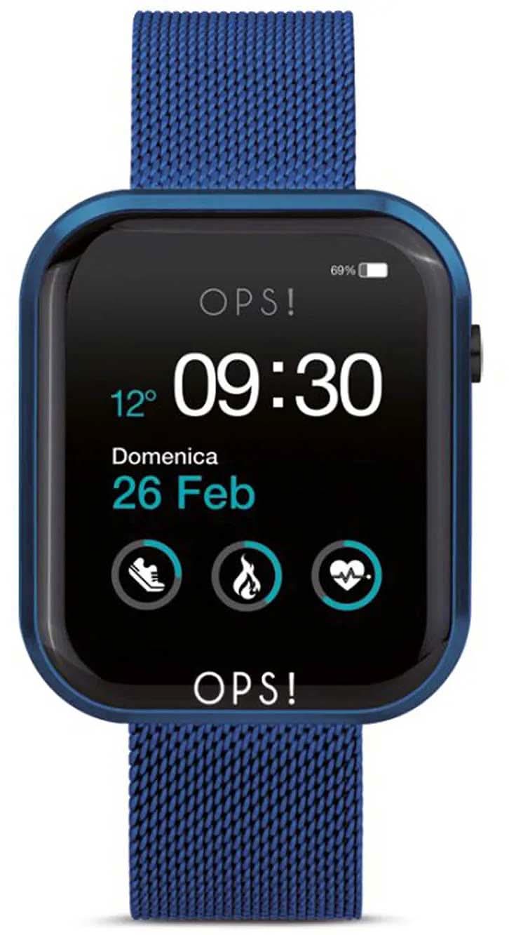 Reloj inteligente unisex con correa textil azul y pantalla redonda, hora 09:30