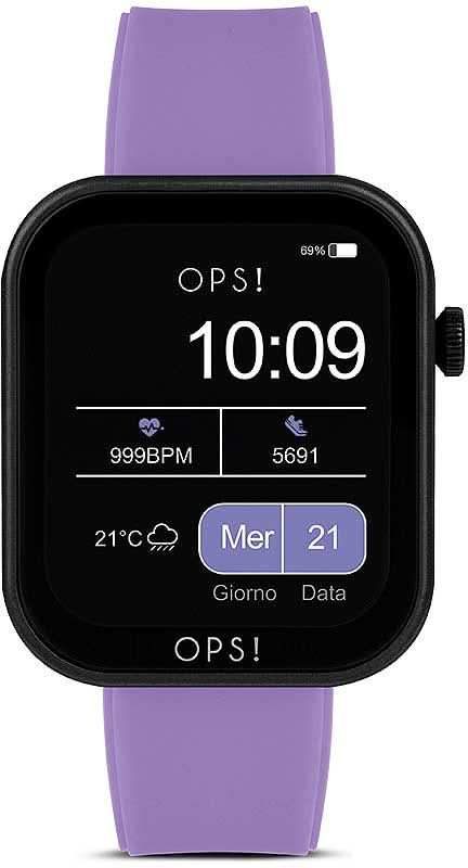 Smartwatch con pantalla negra y correa de silicona morada, hora 10:09