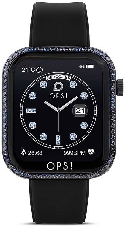 Smartwatch con correa de silicona negra y pantalla redonda, bisel decorado en azul.