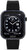 Smartwatch con correa de silicona negra y pantalla redonda, bisel decorado en azul.
