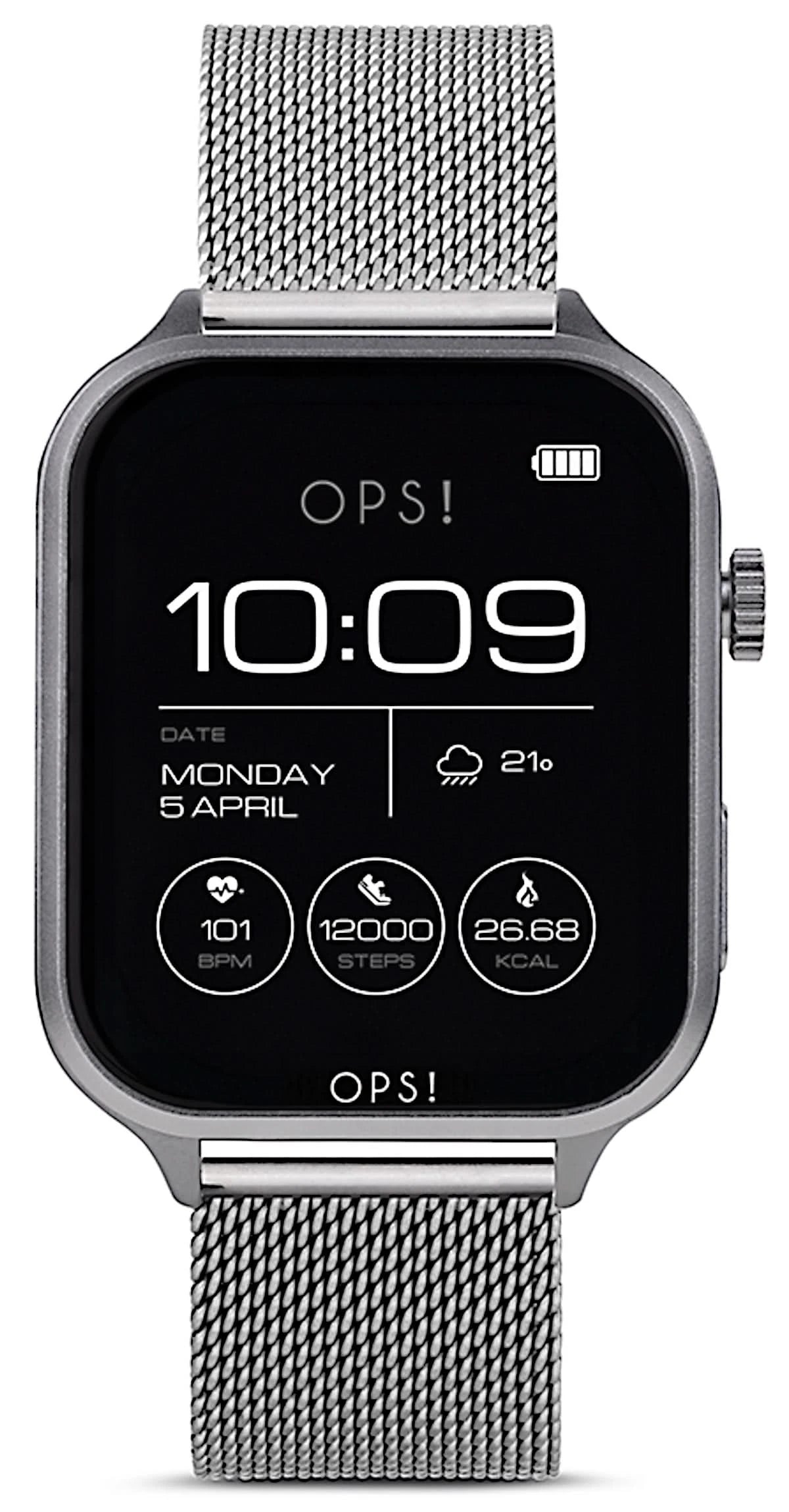 Reloj inteligente unisex con correa de malla plateada y pantalla AMOLED negra