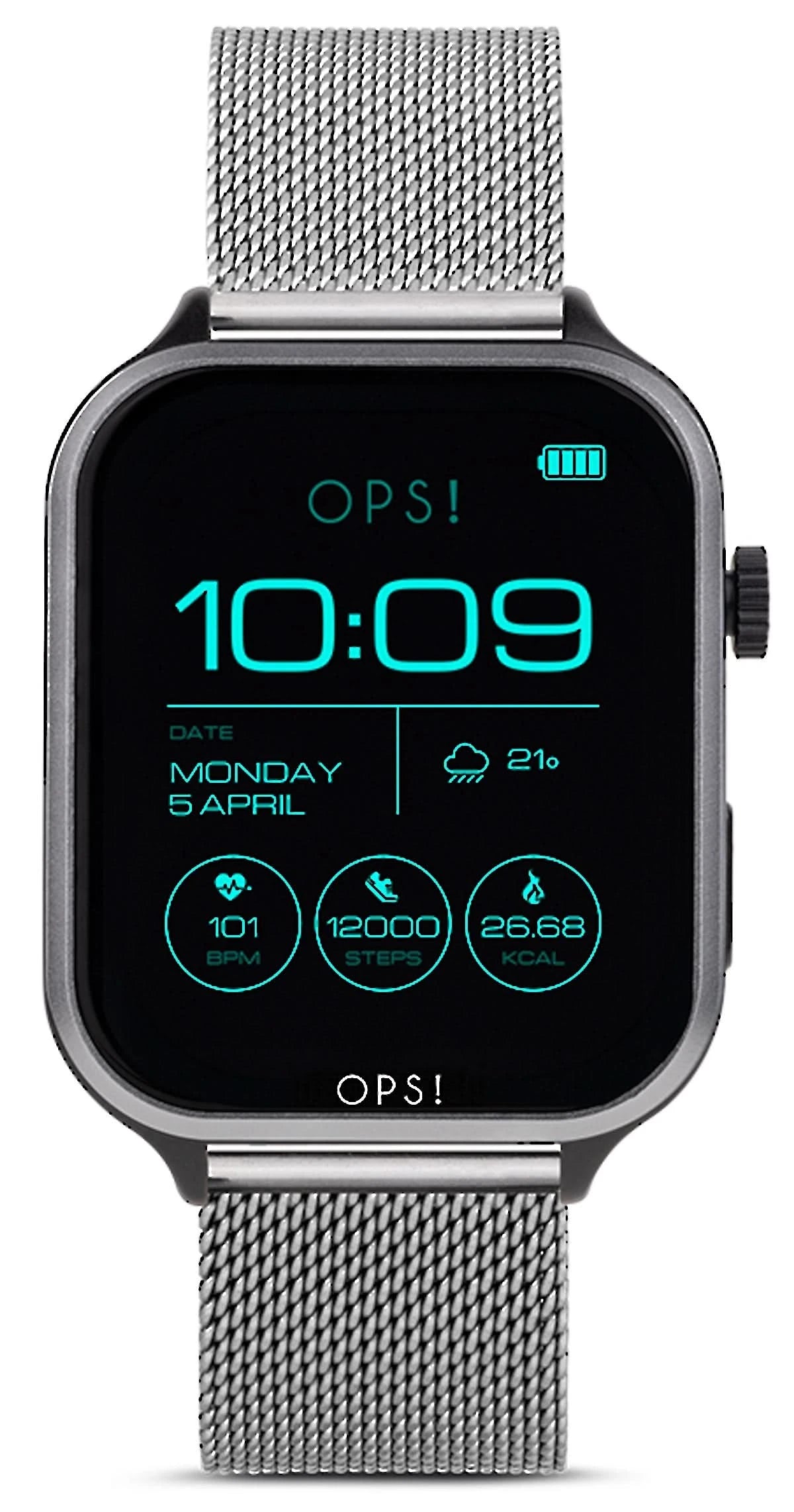 Reloj inteligente unisex con pantalla AMOLED y correa de malla metálica, hora 10:09.