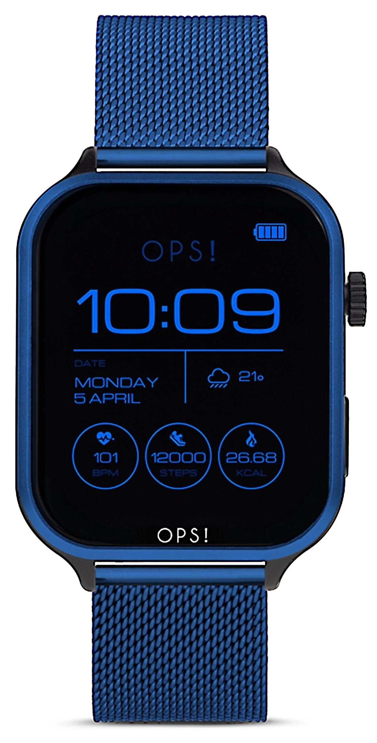 Smartwatch con correa de malla azul y pantalla redonda, muestra las 10:09
